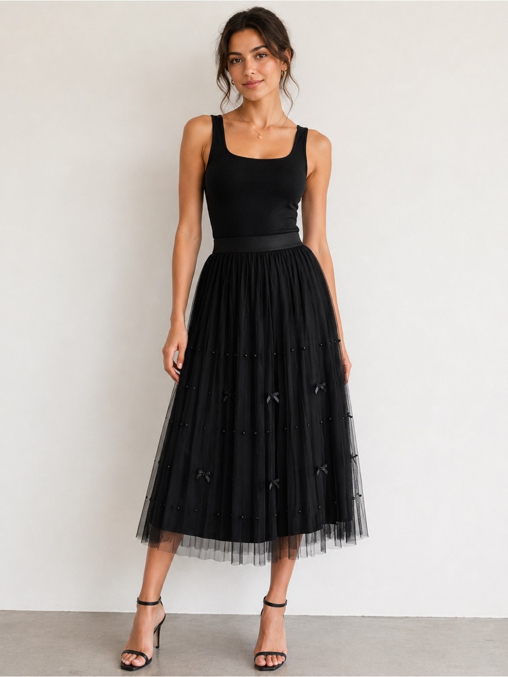 NEW Nanette Lepore Beaded Bow Pleated Mesh Midi Skirt Black Size 2